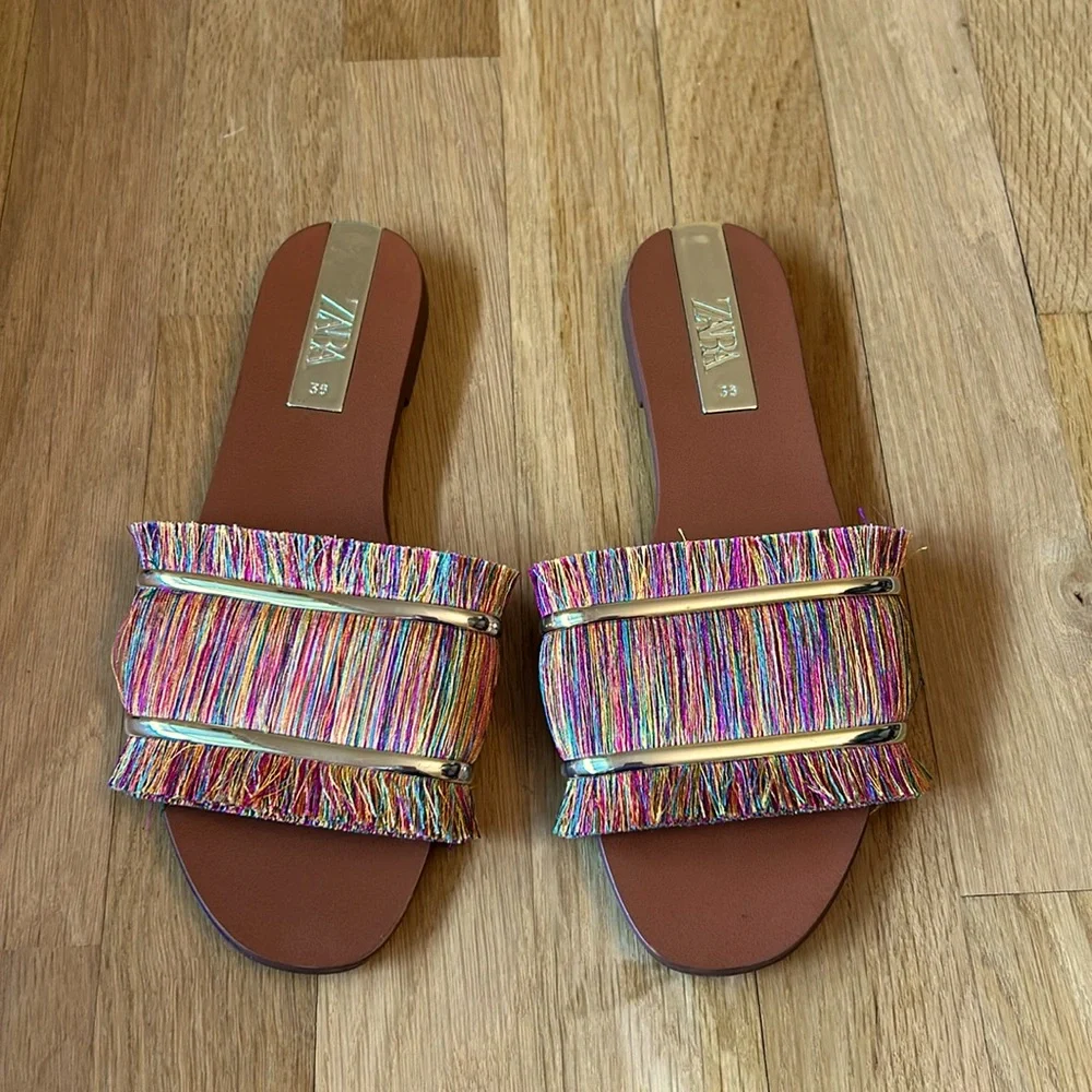 Zara Multicolor Fringe Slip On Sandals Women’s Size 36 - Picture 4 of 11
